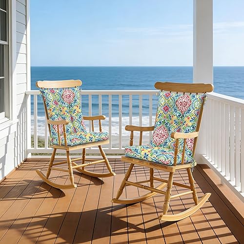 Miniatura 6 de Juego de 2 cojines para sillas mecedoras para uso en exteriores e interiores, resistentes al agua, almohadillas para sillas de respaldo alto para