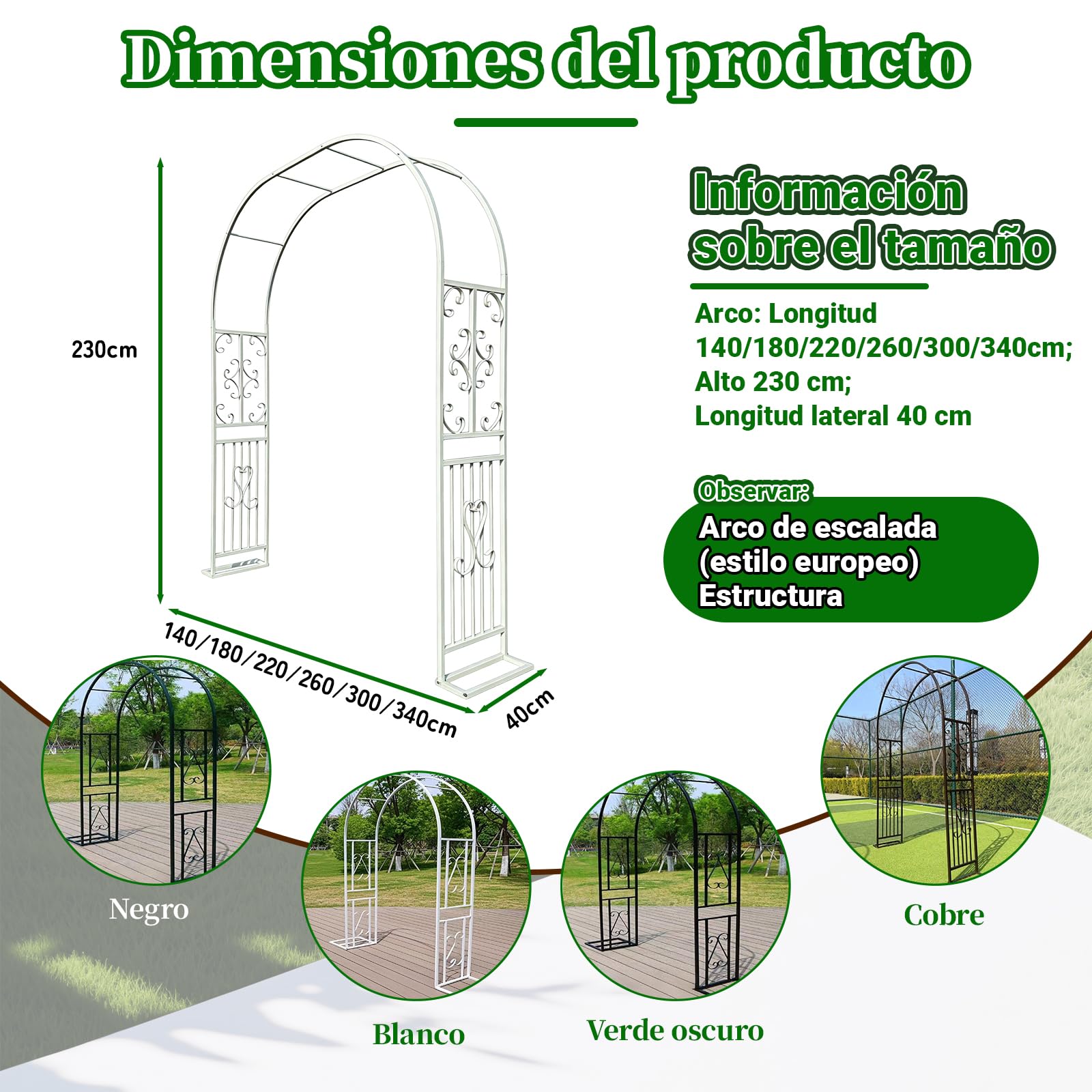 Arco de Rosas de Metal 300x40x230cm, Enrejado de Rosas, Arco de jardín para Plantas trepadoras, Arco para jardín, Arco para Bodas, Fiestas, Patio Trasero, Porche