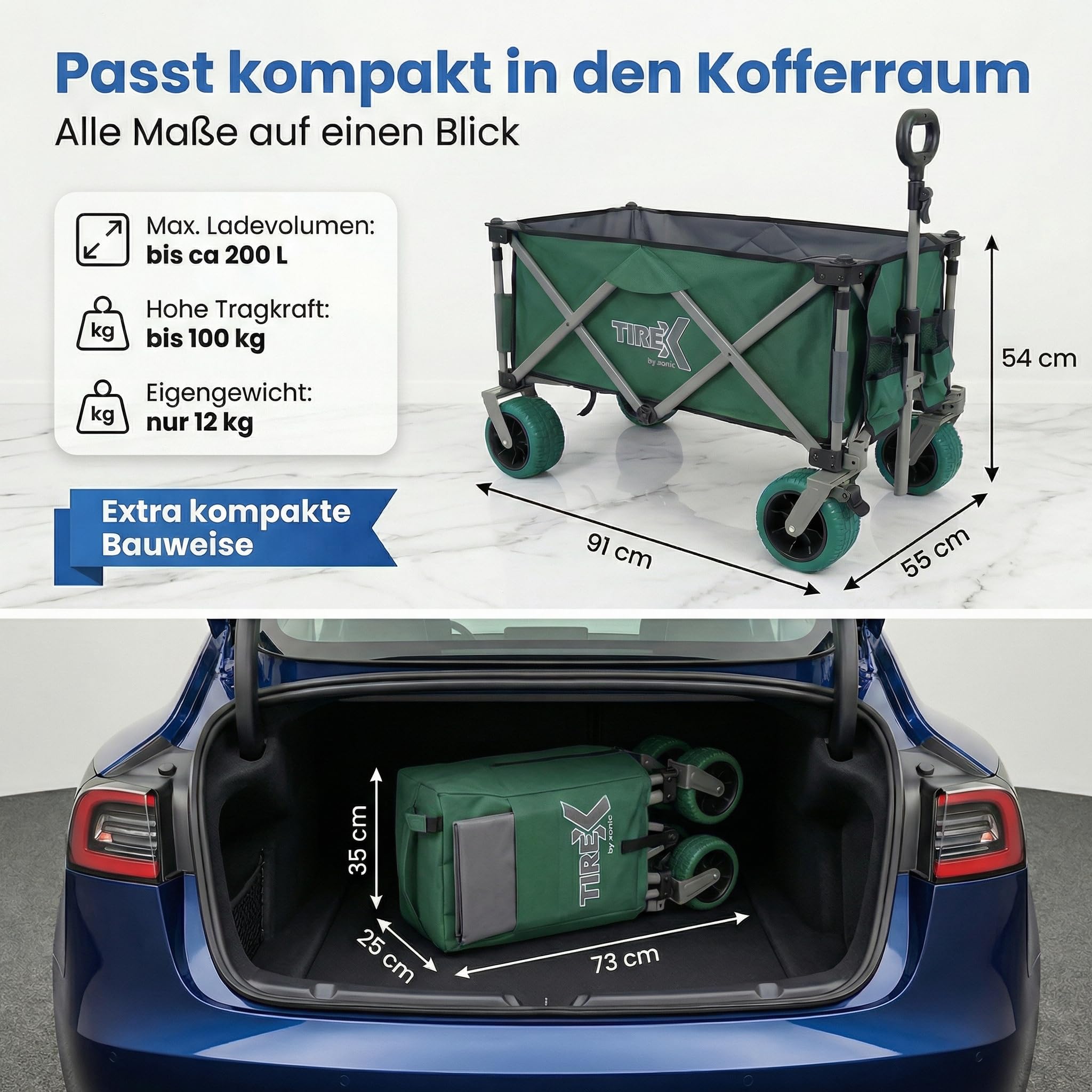 TIREX by xonic® Bollerwagen Faltbar PU XL Rädern aus Vollgummi – Strand & Garten Faltbarer verstellbarem Griff & Fußbremse – Robuster Transportwagen für Kinder & Camping (PU XL Räder, Grün)