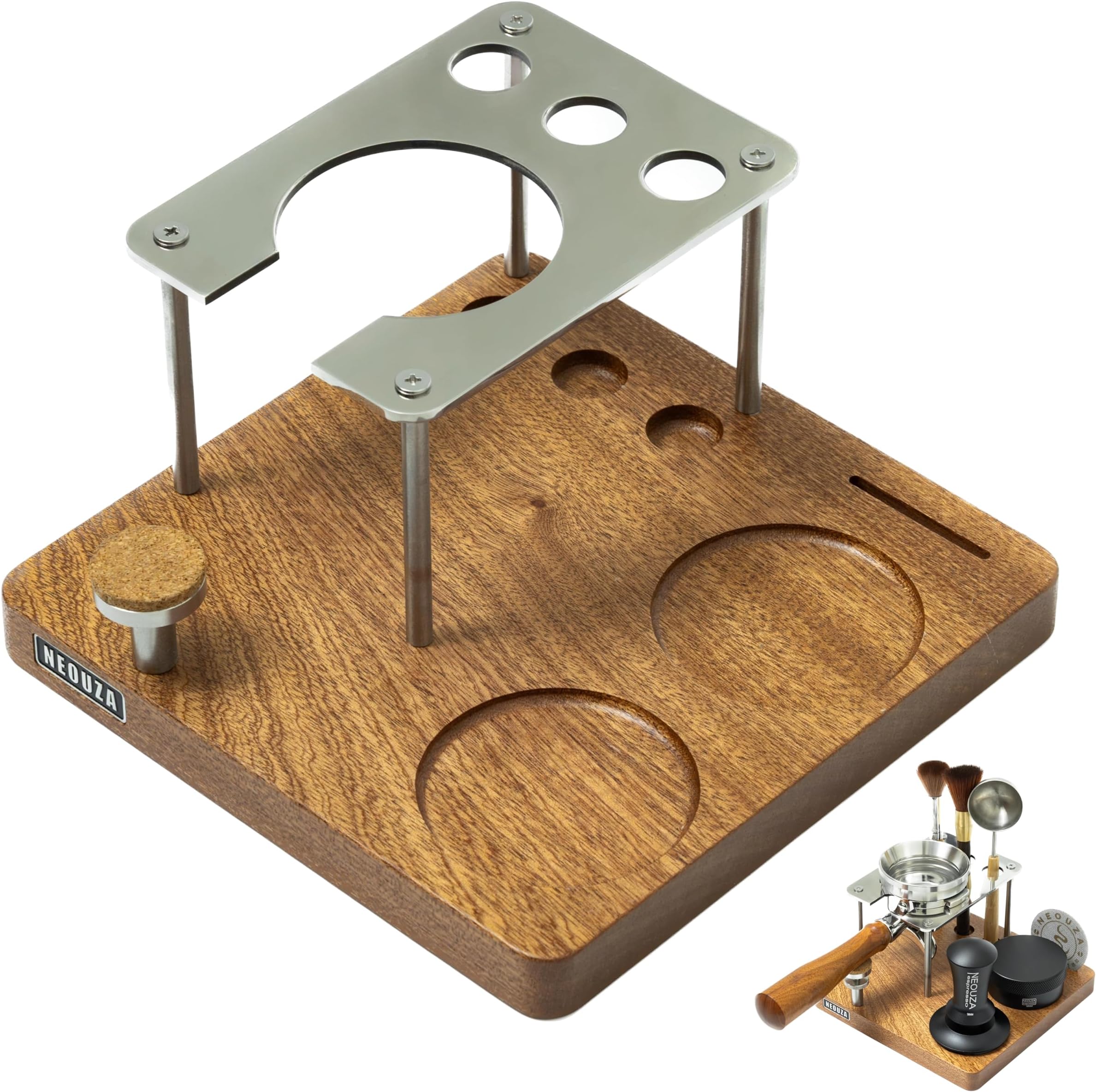 – NEOUZA Espresso Tamper Mat & Organizer Station, Wood Tamping Stand with Portafilter Holder Espresso Accessories Storage, 304 Stainless Steel & Walnut Wood (58mm)