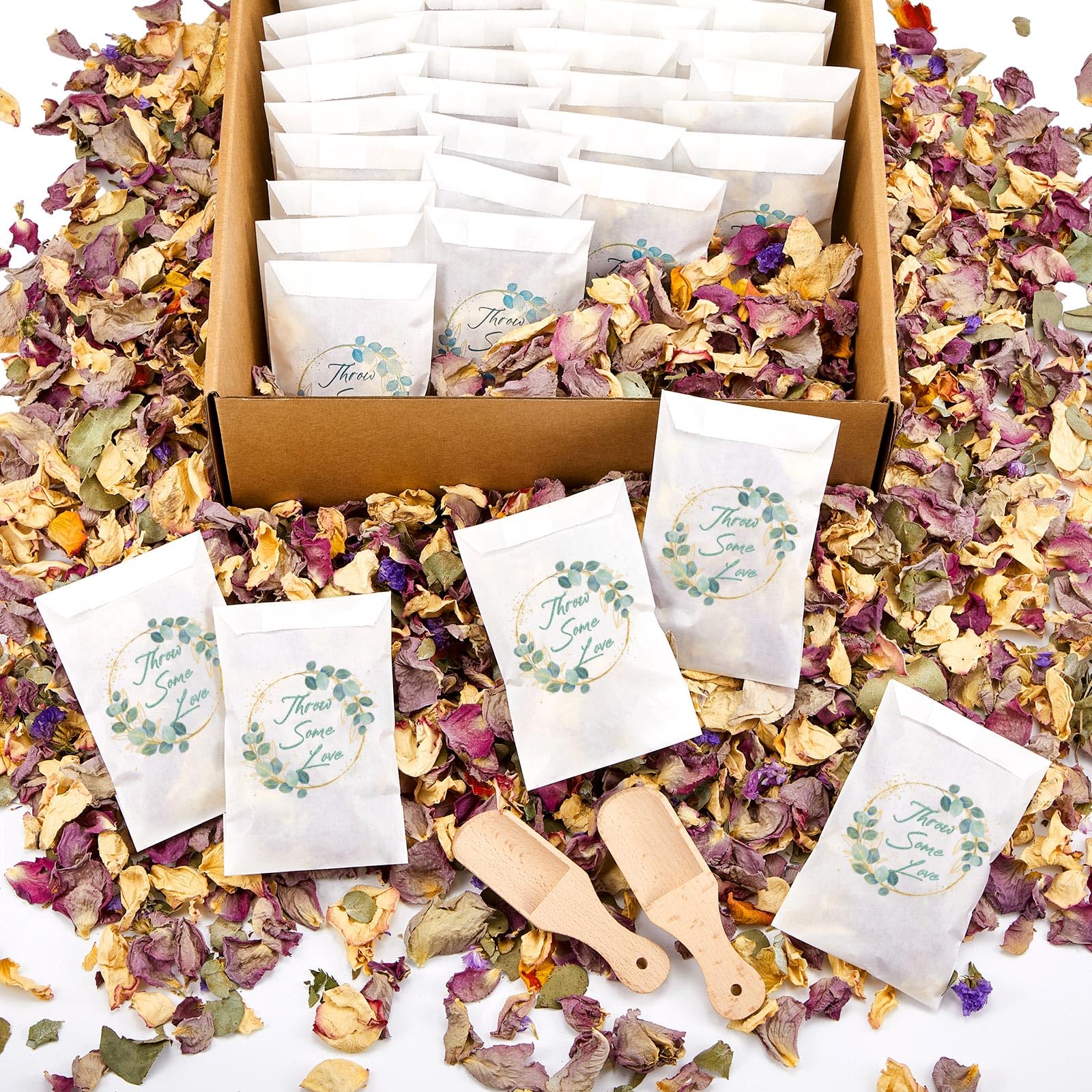 Tenare 100 Sets Wedding Confetti Bags Kit for 90-100 Guests Includes 360g Natural Dried Flower Rose Petals Glassine Envelopes Paper Confetti Bags for Wedding Anniversary (Purple Rose Euryale)