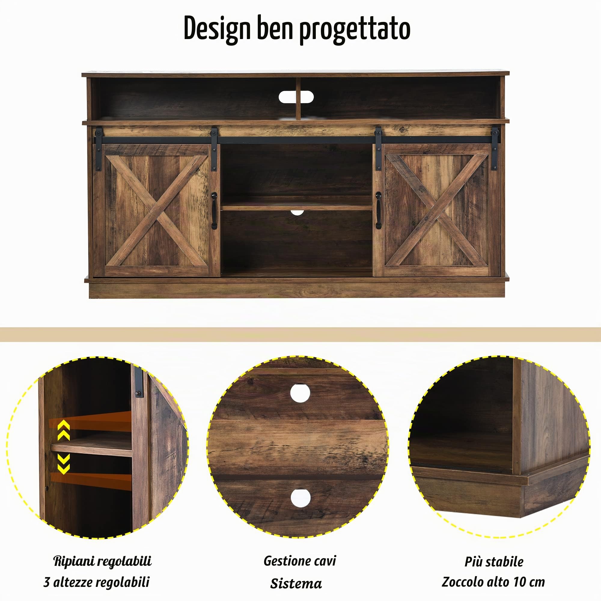 KAZZIO Grande mobile TV, credenza, centro intrattenimento con 2 classiche ante scorrevoli, ripiani regolabili per soggiorno, sala da pranzo, design fattoria, 148 x 40 x 78 cm