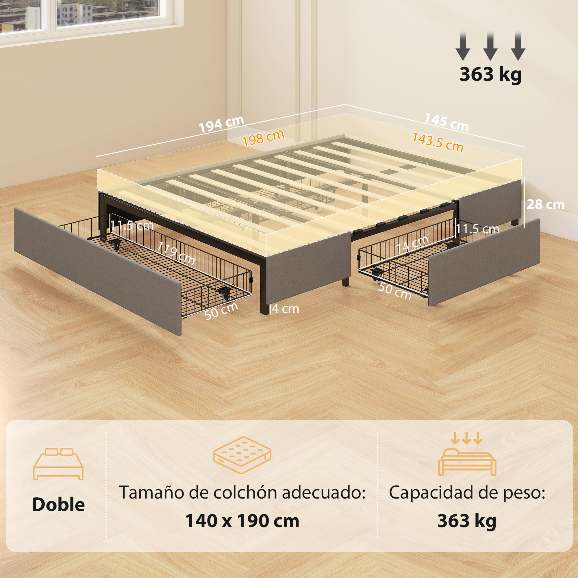 HOMCOM Cama Doble 140x190 cm Estructura de Cama Somier con 3 Cajones y Estructura de Metal Carga 363 kg Gris
