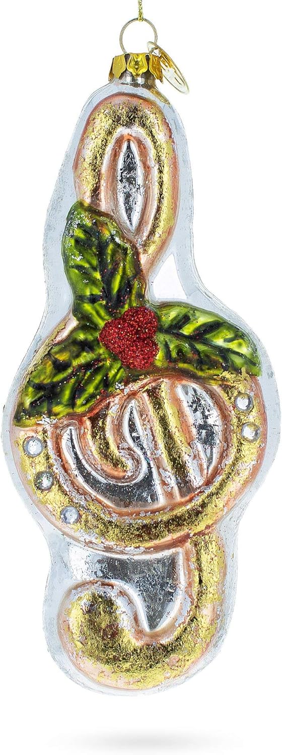 Melodic Musical Note with Poinsettia Blown Glass Christmas Ornament - Image 5