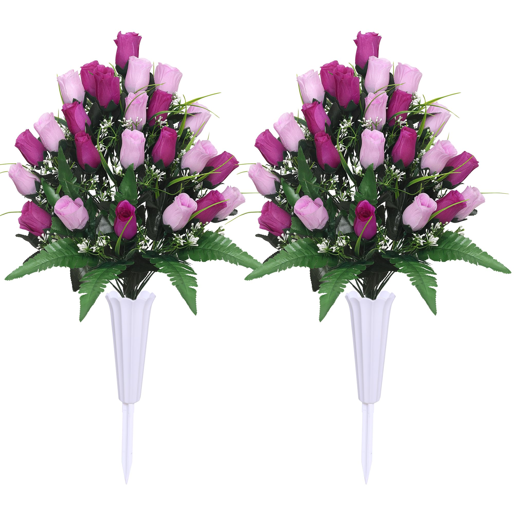 Lodou Flores artificiales de cementerio, rosas para decoración de tumbas al aire libre, ramo de arreglos con jarrón de cementerio, flores de seda para un recuerdo duradero (morado)