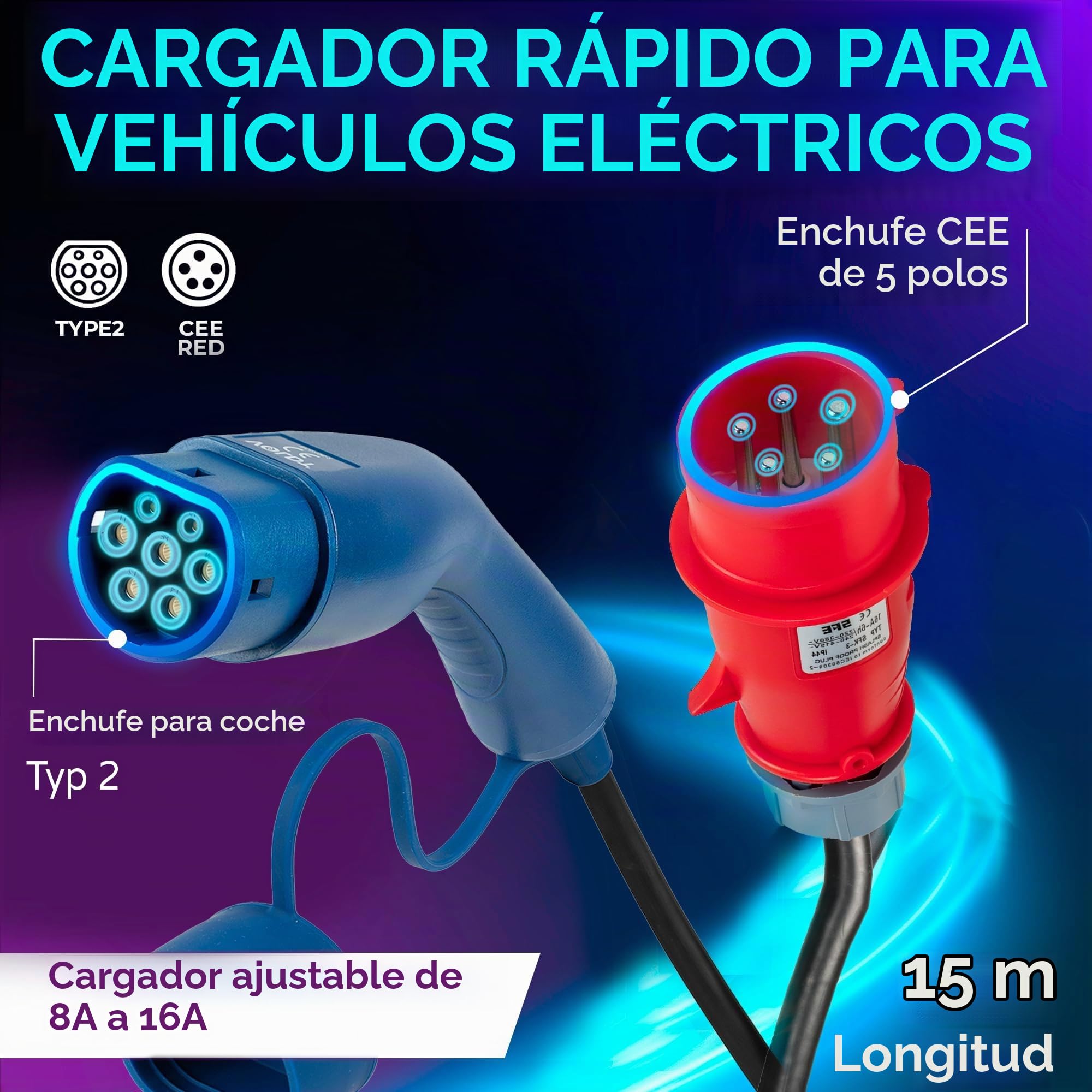 Voldt - Adaptador tipo 2 (terminal de carga) a enchufe Schuko tipo F 230V, 3,7kW, 8-16A, impermeable IP67, certificado CE/UKCA/TÜV (5 longitud)
