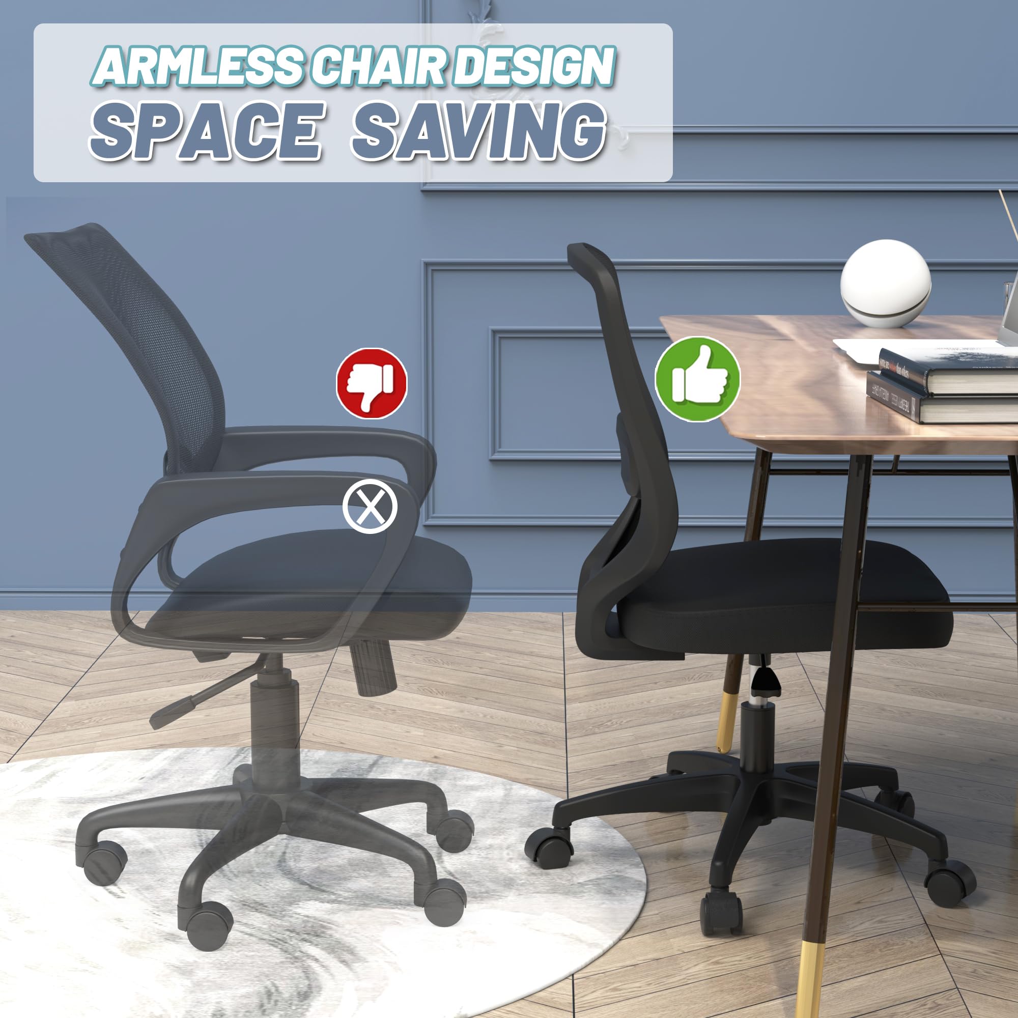 Silla de oficina ergonómica de malla sin brazos para computadora, hogar, altura ajustable, soporte lumbar para espacios pequeños 6