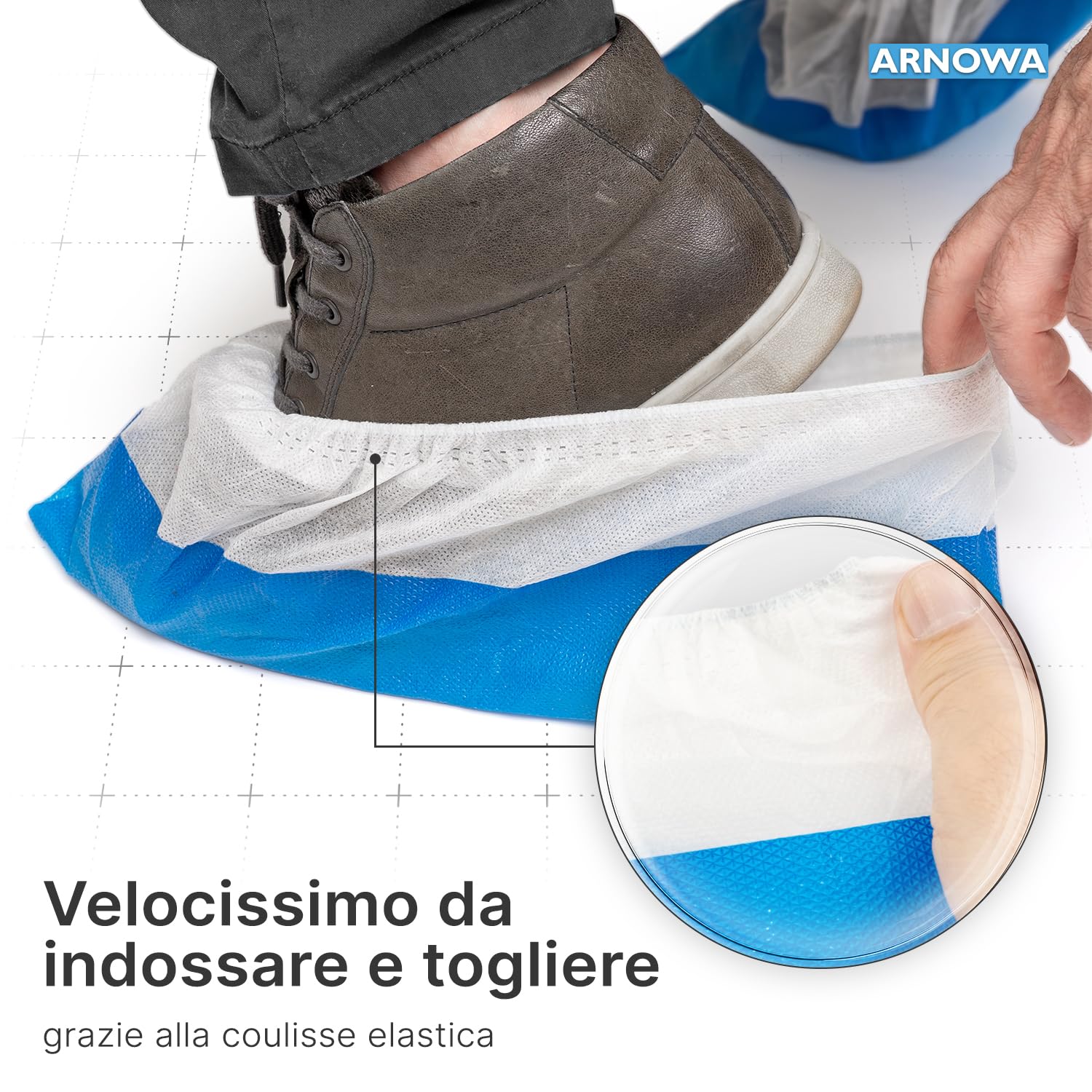 ARNOMED Copriscarpe monouso CPE PP 50 pezzi 17x40cm calzari usa e getta bianchi suola CPE blu taglia unica