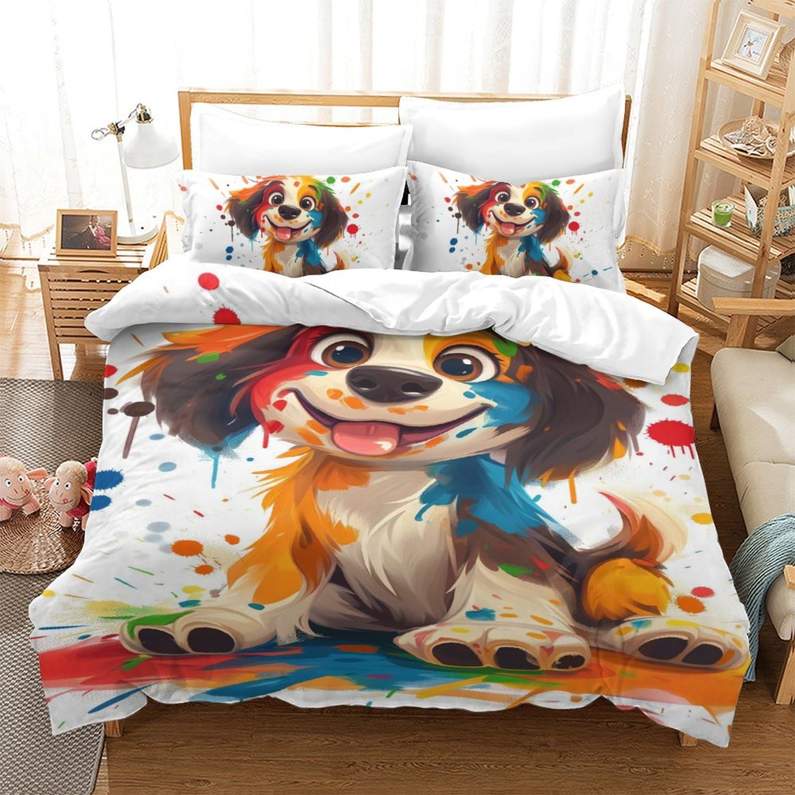 Housse de couette chien 3D 140x200 parure lit microfiche enfant