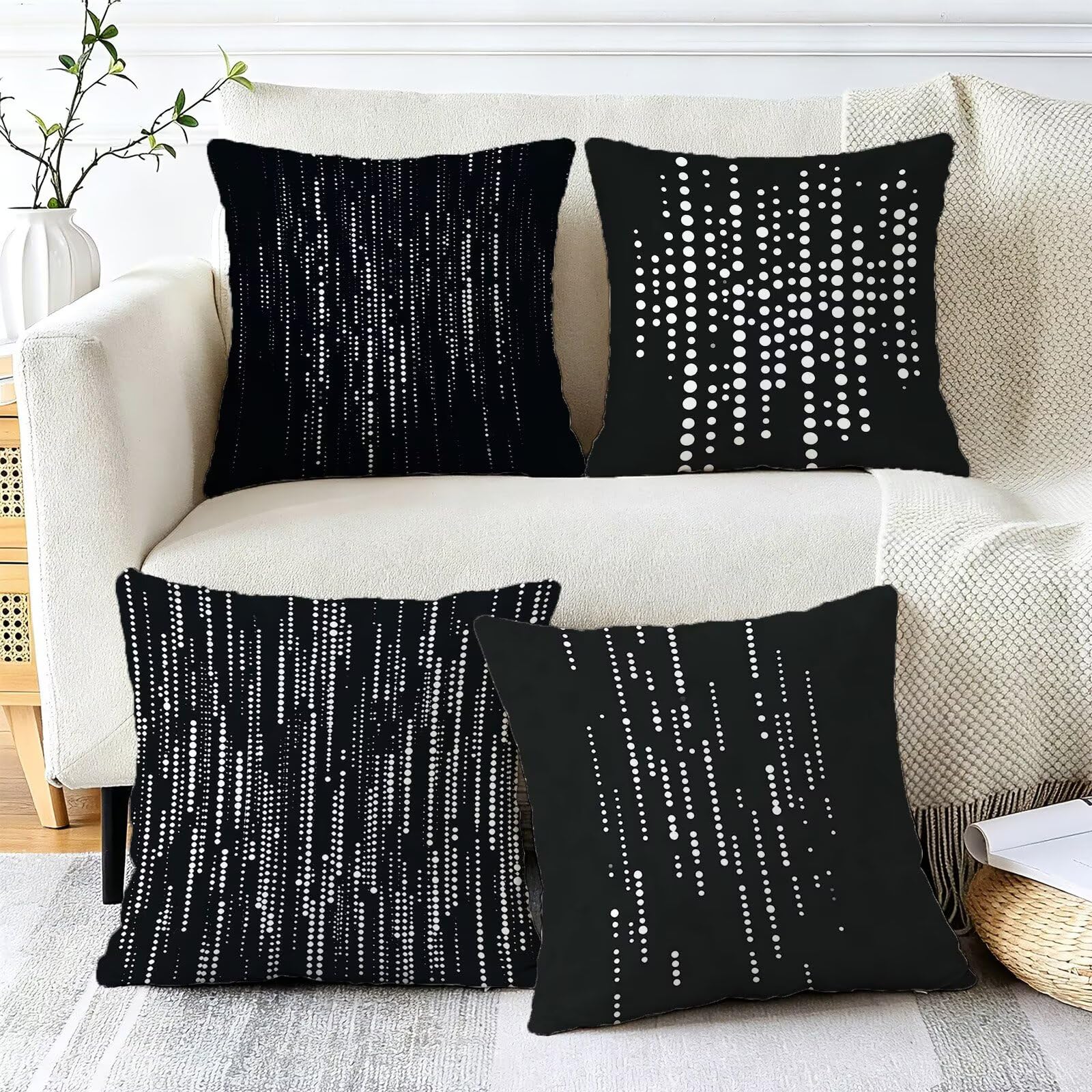 Nero Federe Cuscini Divano 50x50cm, Cuscini da Esterno Set de 4, Cod-127 | Lin Copricuscini Decorativi Letto Arredo, per Letto, Soggiorno, Giardino, Esterno, Casa Decorazione Set di 4 Geometria