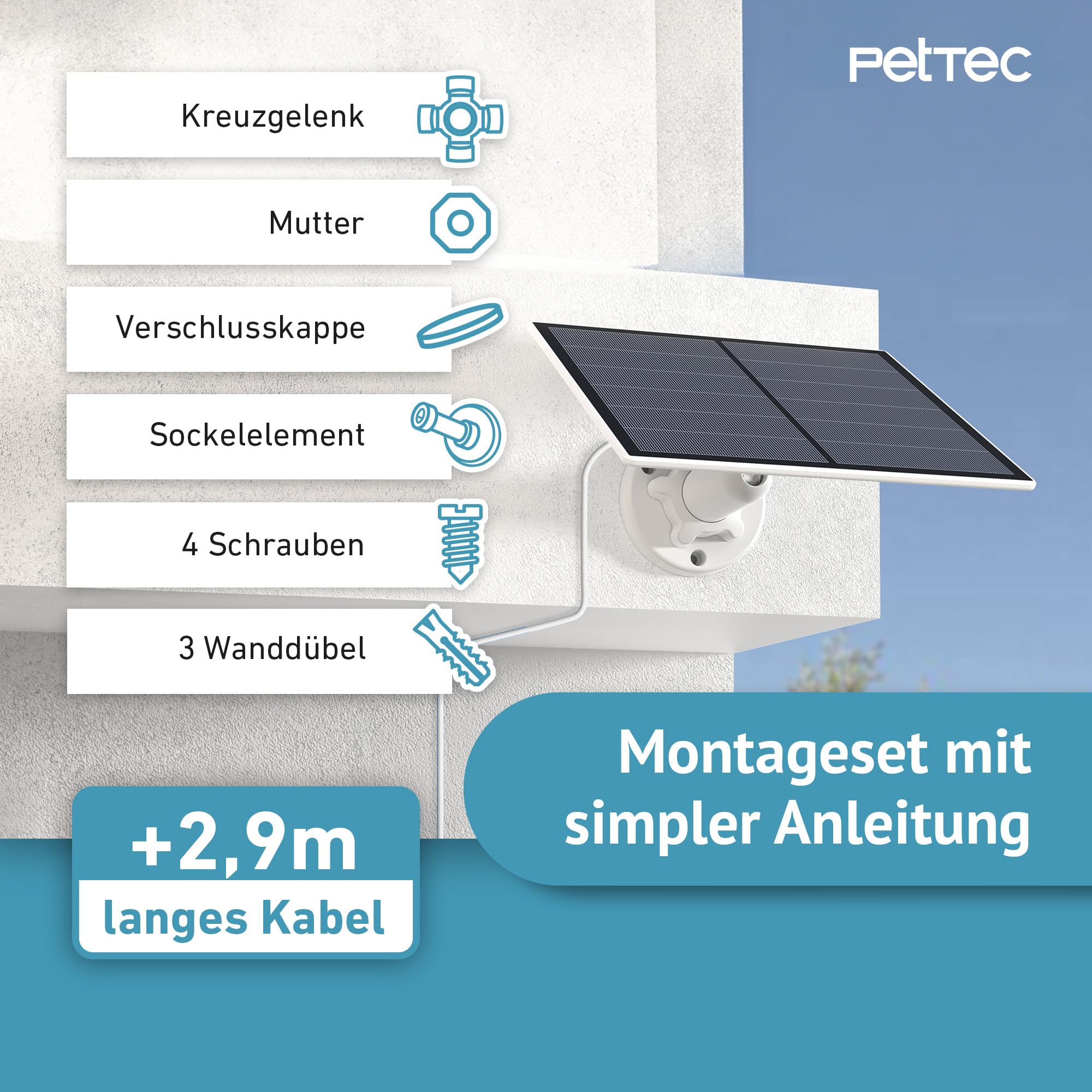 PetTec Solar Panel 4,4W für Überwachungskamera und Pet Cam mit LTE Weiß