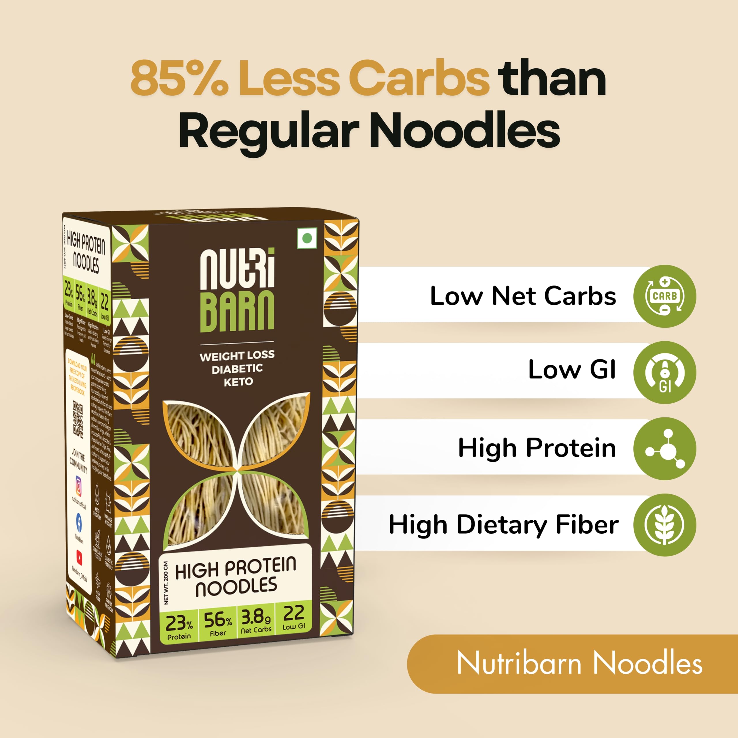 Nutribarn Keto Noodles Spaghetti 200 g (Pack of 2), 3.5g Net Carb & 16g High Protein/Serv, Identical to Regular Noodles, Ultra Low Carb, Pre-Biotic High Fibre, For Keto Diet and Weight Loss 1
