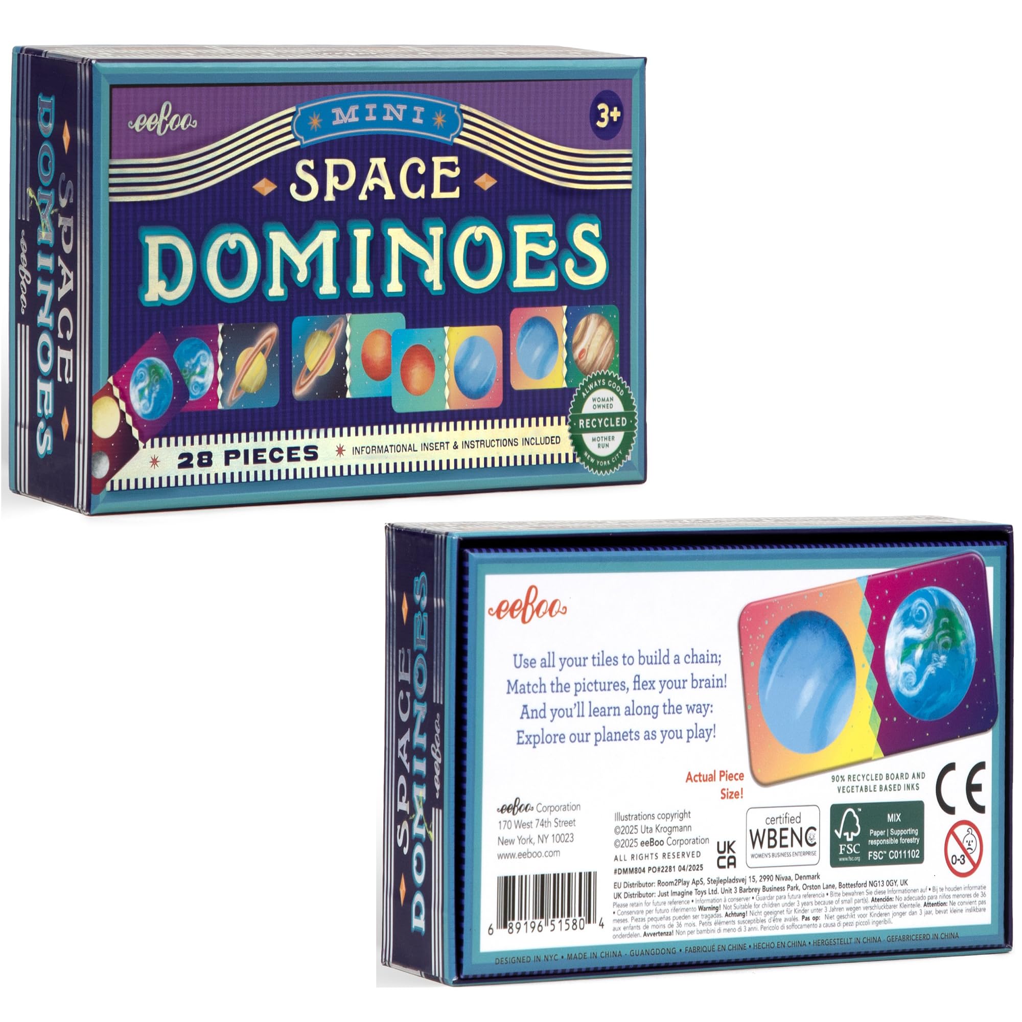 eeBoo: Mini-Dominosteine – Weltraum – 28-teiliges Planeten-Thema-Set, silberfarbene holografische Folienfliesen, klassisches Spielstein-Matching-Spiel, Familien & Kinder ab 3 Jahren, 2-4 Spieler