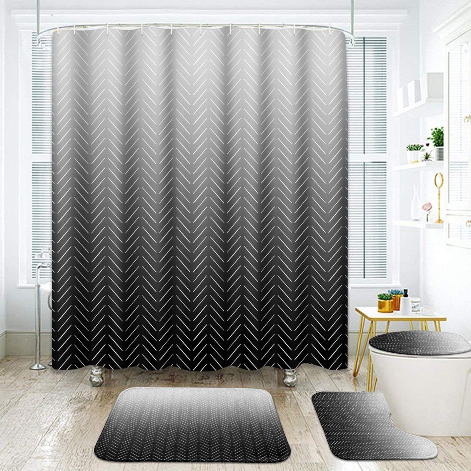 Rideau de douche à chevrons ArtSocket et tapis de bain