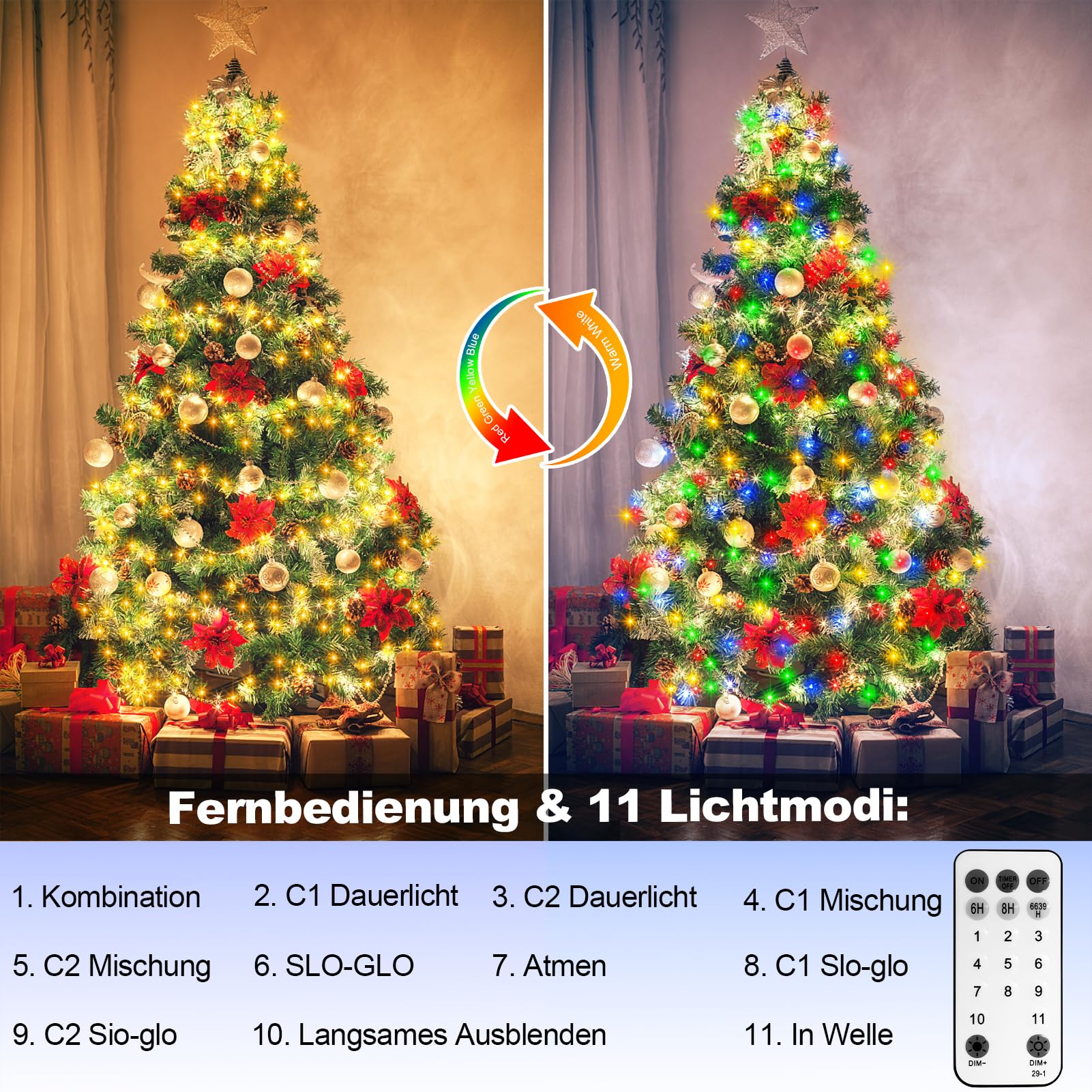 Zwei Farben 30M Lichterkette Außen 1500 LED Cluster Lichterkette mit Timer | Fernbedienung Lichterketten Weihnachtsbaum mit Stecker für innen außen Baum Hochzeit Dekor (Warmweiß oder Mehrfarbig)