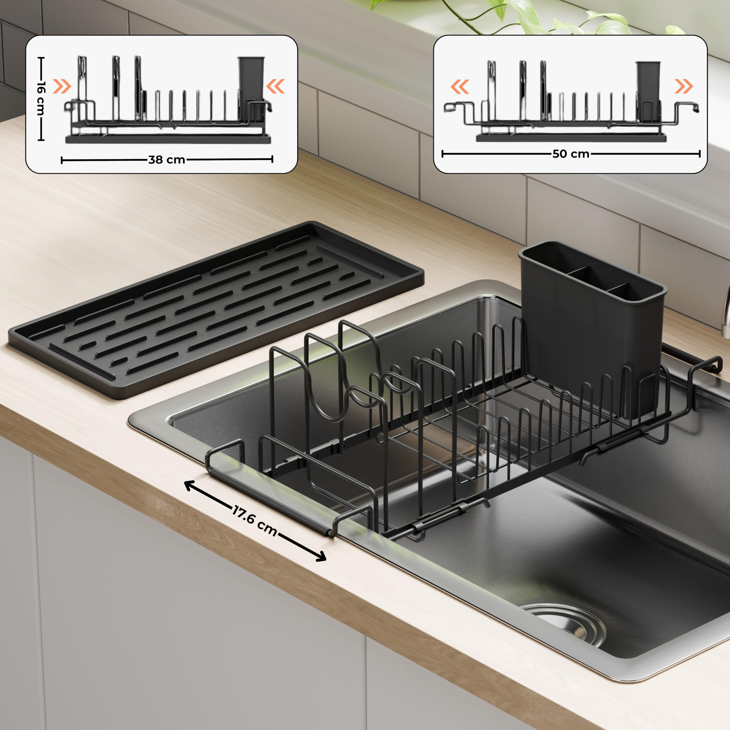 Erreke Scolapiatti Estensibile sopra il Lavello con Tappetino in Silicone Multiuso, Scola Piatti Regolabile in Acciaio Inox, Portaposate, 17,6 x 38-50 cm, Nero | Scolapiatti da tavola. Scolapiatti regolabile in acciaio inox. Porta posate. Guadagno posto