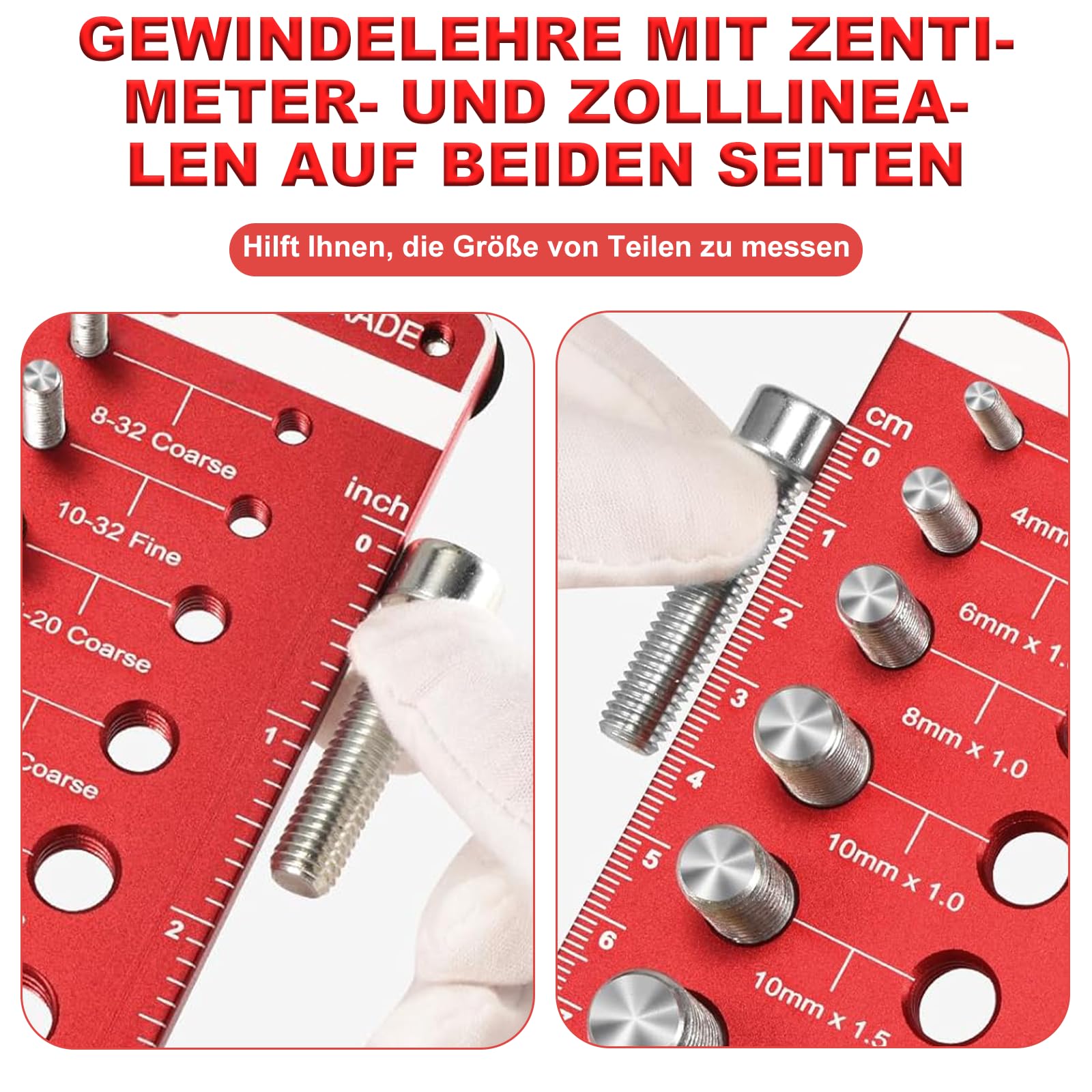 44Löcher Gewindelehre Thread Checker - 4 in 1 Aluminiumlegierung Gewindeprüfer, mit Metrische & Imperiale Gewinde, für Messung Der Abmessungen von Muttern und Schrauben, Länge und Durchmesser Messen