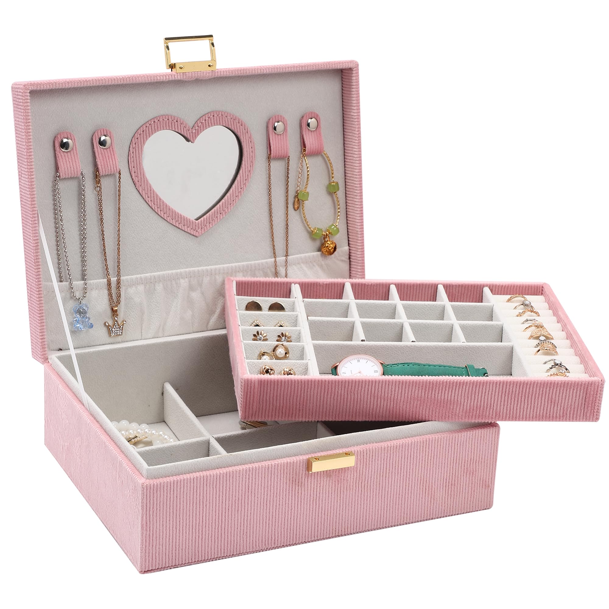 Dajasan Schmuckkästchen Mädchen, Schmuckaufbewahrung Damen, 2 Etagen Samt Schmuckschatulle für kleine Mädchen Kinder, Schmuck Geschenk Box für Weihnachten, Geburtstag, Neujahr (Rosa)