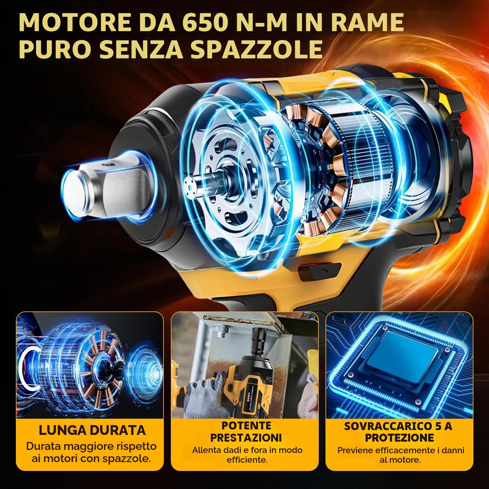 Avvitatore elettrico a percussione a batteria, 650 Nm, 21 V, con 7 bussole e 2 batterie da 4,0 Ah, per vite e dado, auto, camion, pneumatici di rimozione