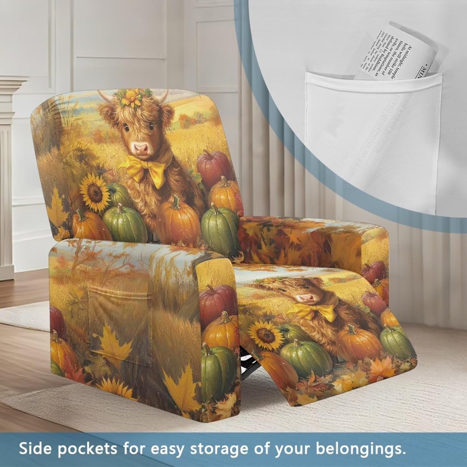 FOR U DESIGNS Highland Cow Leaves Stretch Recliner Chair Covers 4-Piece Set Non Slip Elastic Storage Pockets Washable Furniture Protector for Small Recliners Living Room Sofas