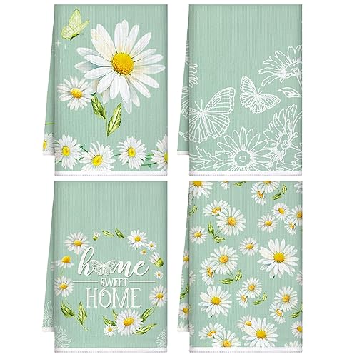 Honoson 4 Pieces Daisy Kitchen Dish Towels Farmhouse Flower Hand Tea Absorbent Green and White Towels for Kitchen Cooking Home Cleaning Decor