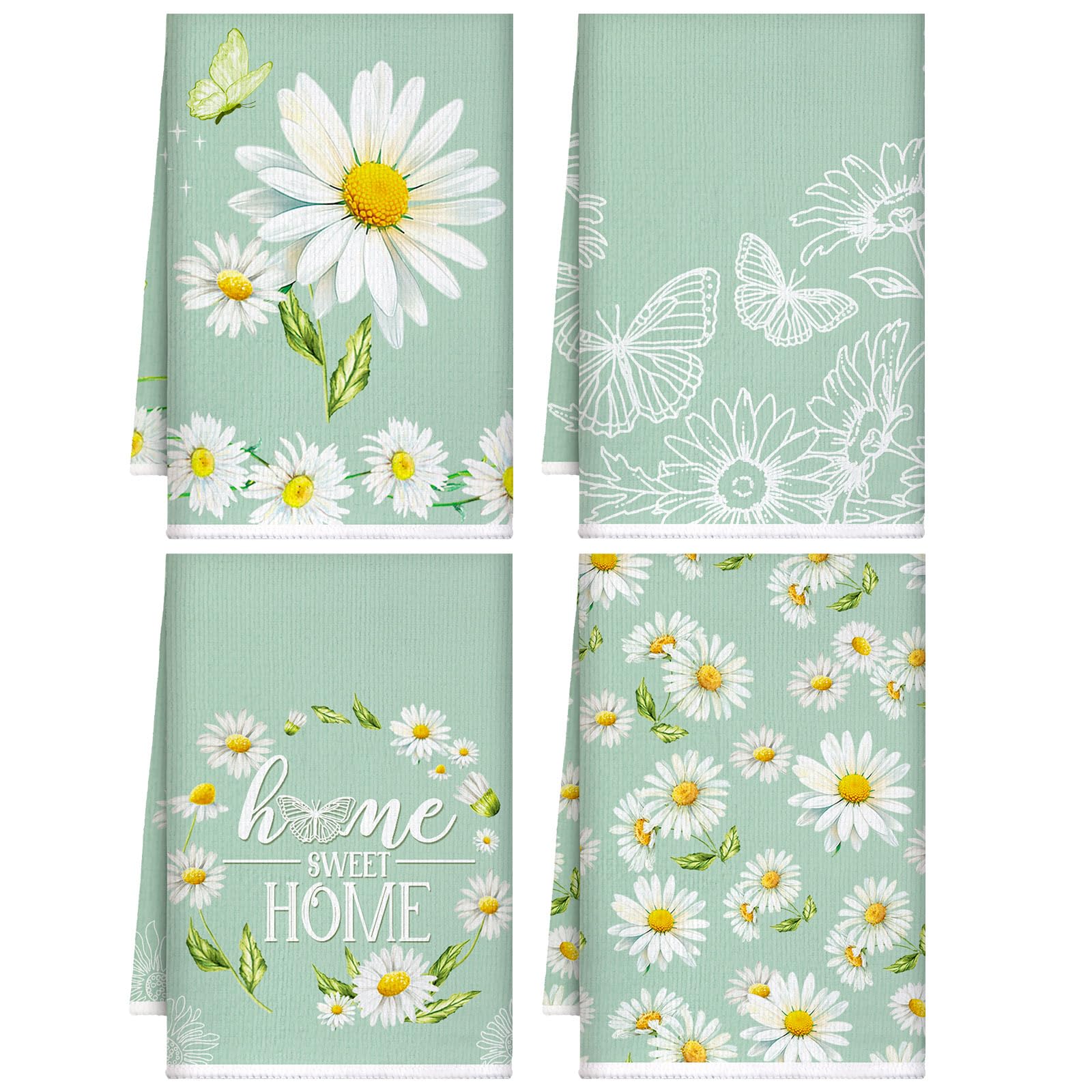 Torchons de cuisine ultra absorbants lot de 4 essuie-mains vert marguerites