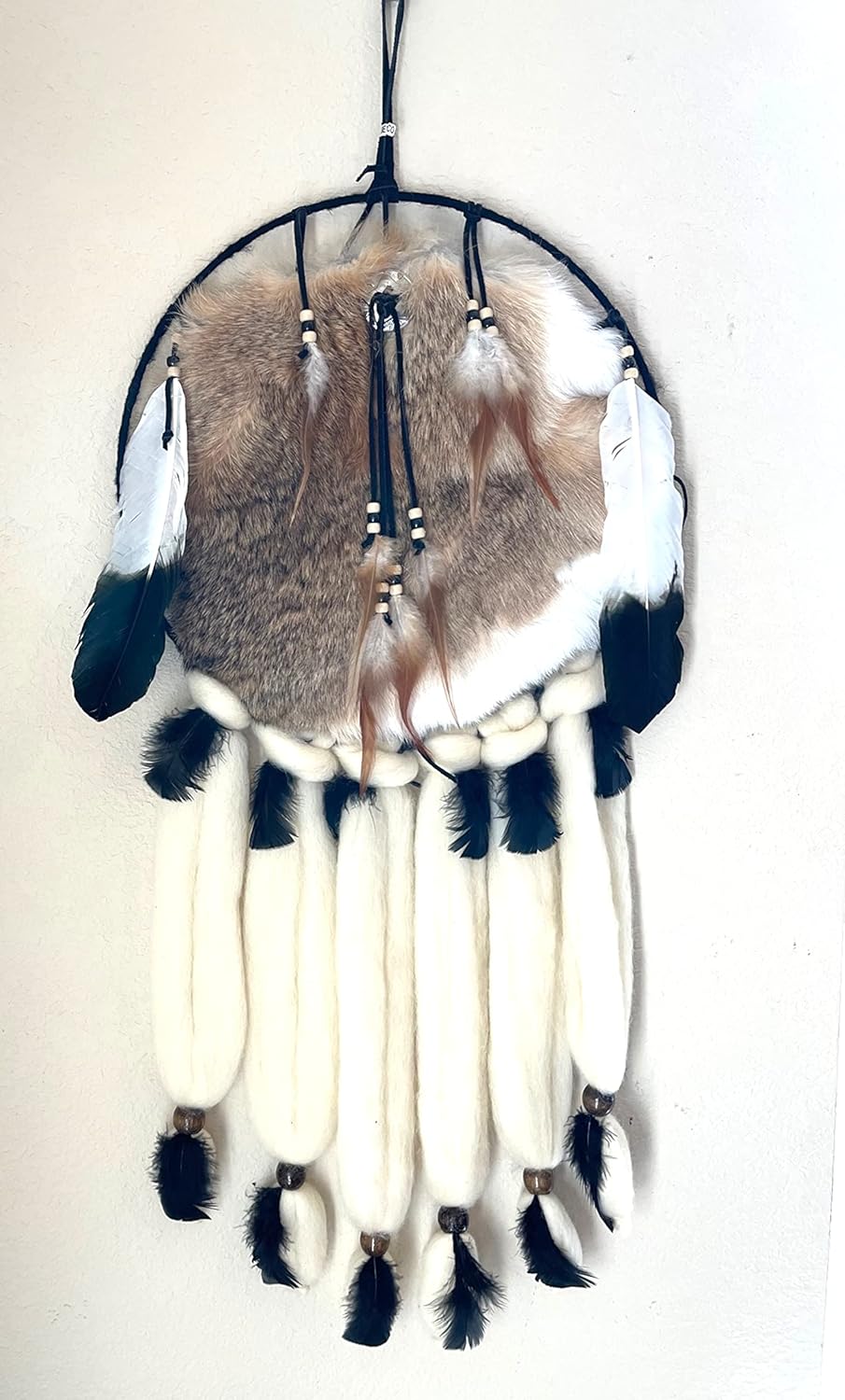 Hand Crafted Indian Large 14"/35" Wool Rabbit White Skin Pelt Fur Mandella Mandela Dream Catcher Aztec Native
