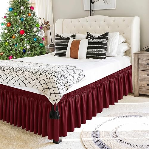 Miniatura 7 de Biscaynebay - Faldón de cama envolvente Queen con caída corta de 12 pulgadas, volantes elásticos ajustables, borgoña, de fácil ajuste, resistente a