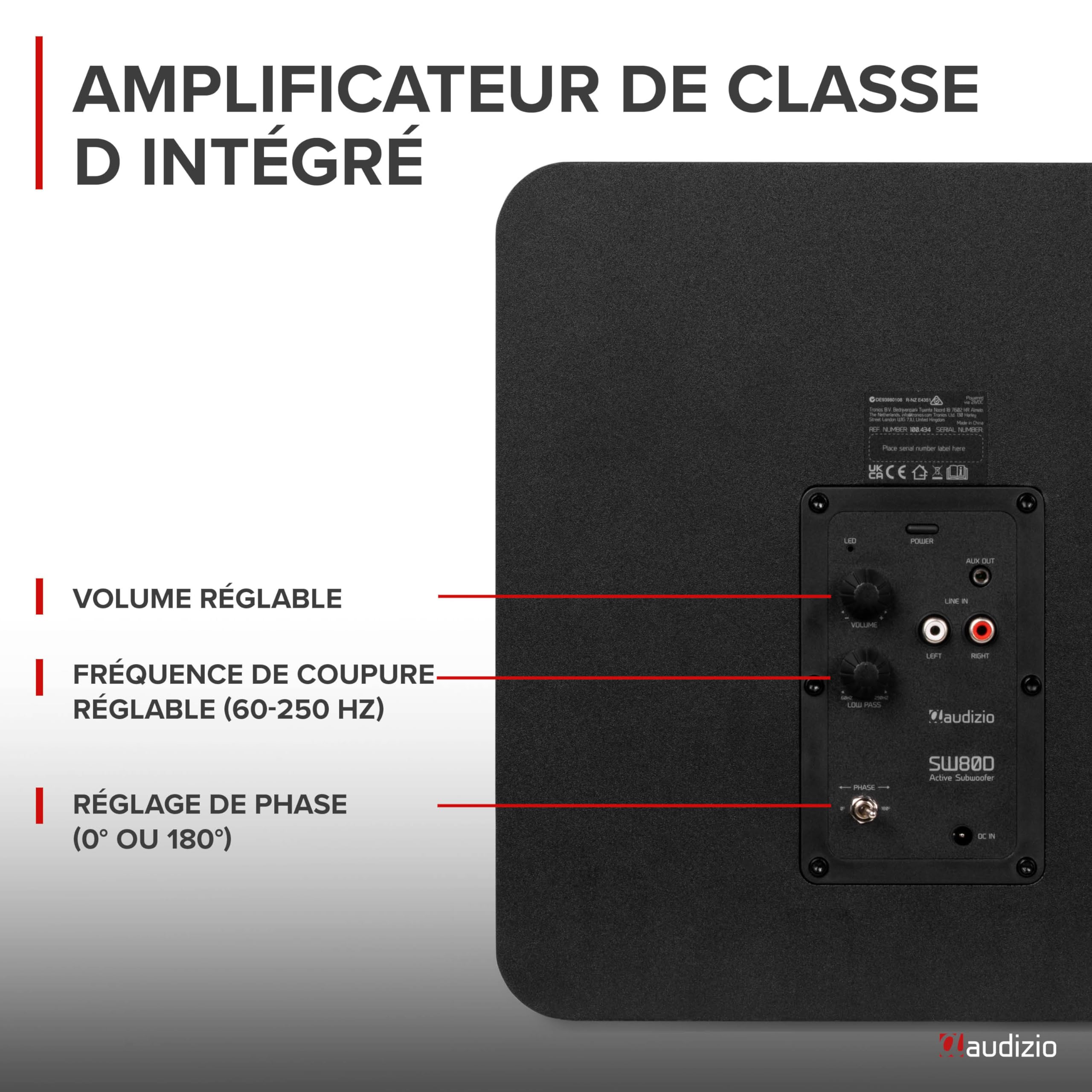 Audizio SW80D Caisson de Basses Actif Hi-Fi 160W Subwoofer 8" avec Réglage Crossover et Volume Indépendant