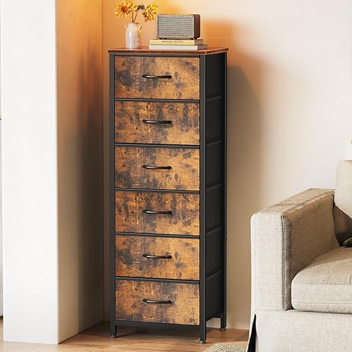 AODK Tall Dresser for Bedroom with 6 Fabric Drawers, Storage Dresser Organizer with Wood Top and Sturdy Steel Frames, Chest of Drawers for Closet, Living Room, Entryway, Hallway, Vintage