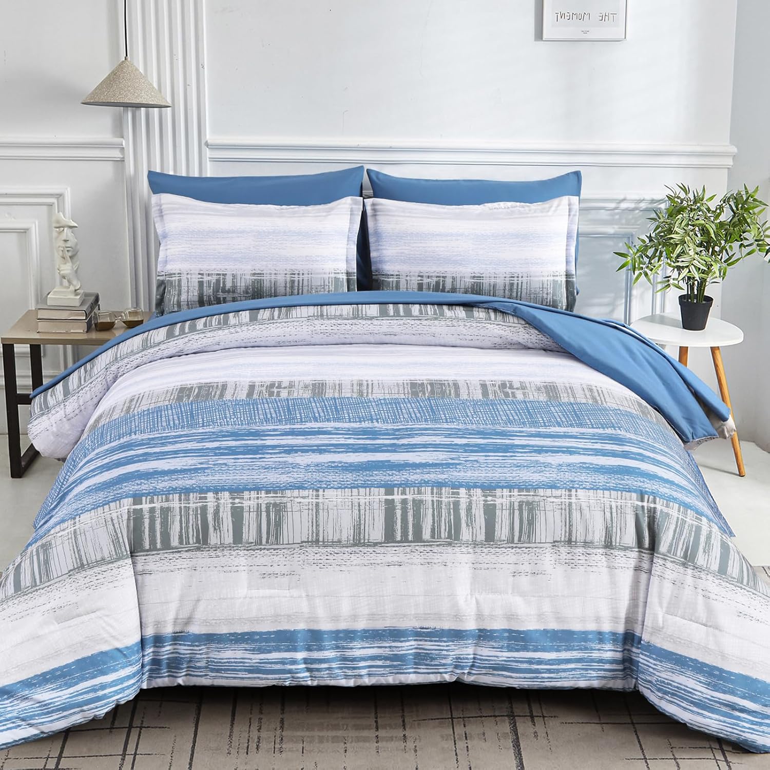 Dintszyayue Blue King Size Stripe Gradient Comforter Set 7 Pieces Bed in a Bag Bohemian Patchwork Bedding Set with Sheets,Pillowcases & Shams Reversible Soft Microfiber Comforter King 103"×90" Blue