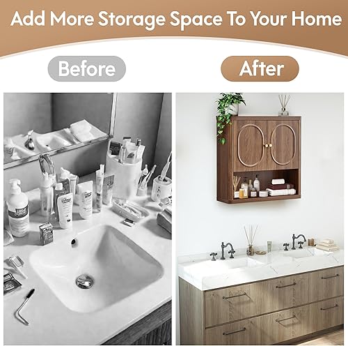 Miniatura 6 de Armario de almacenamiento para baño, botiquín estriado con puertas, armario montado en la pared con estante ajustable, armarios de almacenamiento de