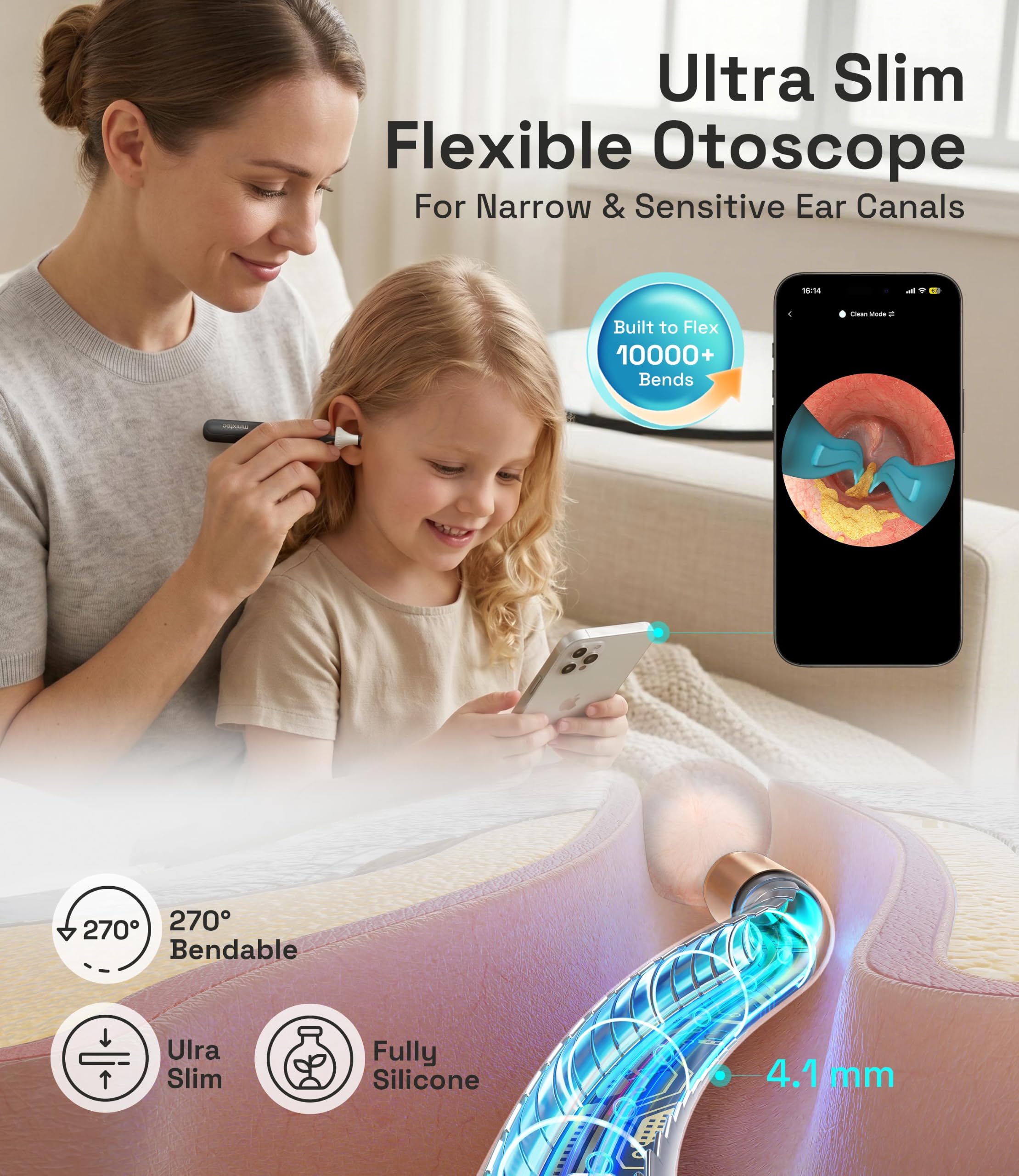 Earsight Plus E33R FSA HSA Kit d'outils de nettoyage d'oreille avec caméra auriculaire flexible et pince à épiler sans fil pour adultes et enfants