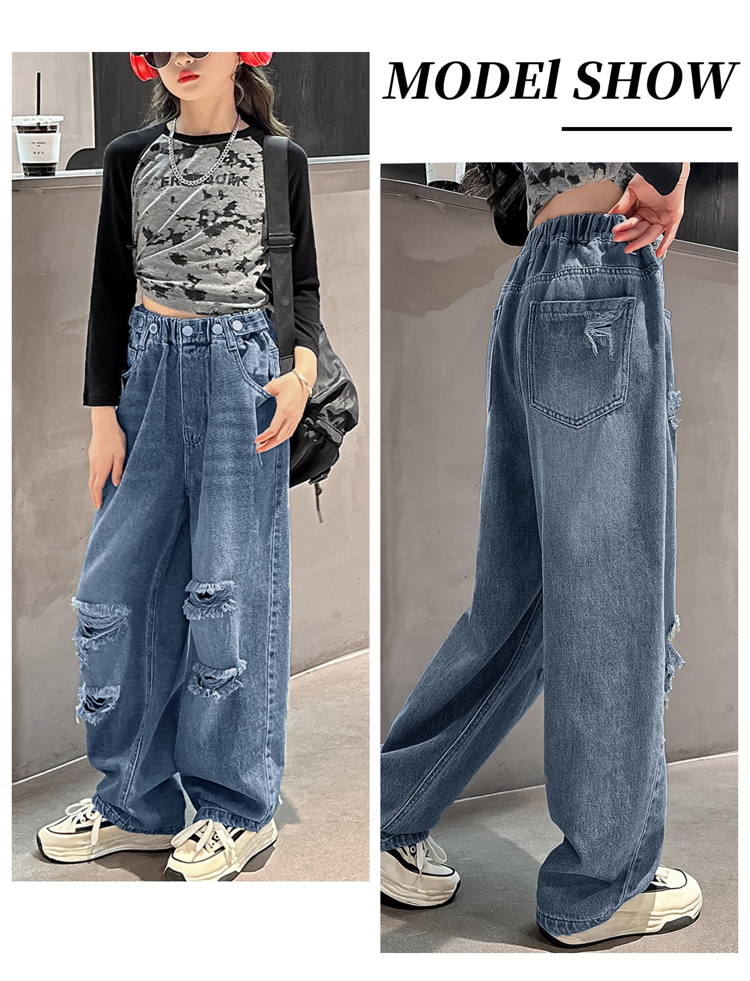 Maeau Jeans strappati a gamba larga per ragazze, pantaloni in denim sfumato, vestibilità larga, pantaloni per il tempo libero, con elastico in vita e tasche, 5-14 anni/altezza 120-170 cm