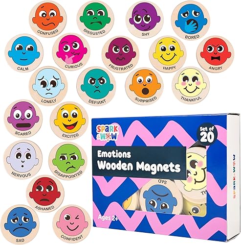 SPARK & WOW Imanes de madera Emociones Juego de 20 Imanes para niños a partir de 2 años Bonitos imanes de emoción para refrigeradores, pizarras