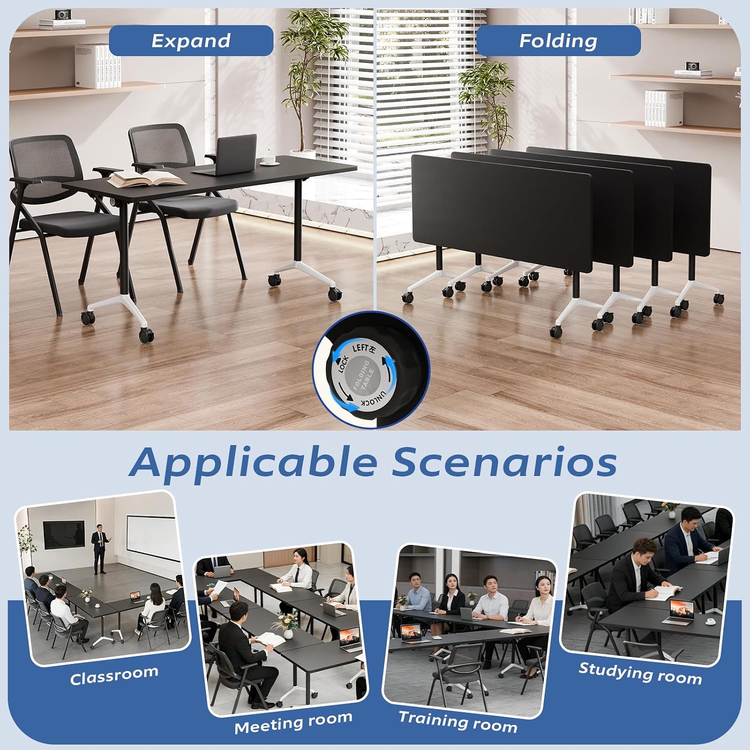 4 Pack Folding Conference Tables with Wheels,70.8in Flip Top Modular Conference Table,Mobile Joinable Conference Tables,Stackable Space-Saving Training Table for Office Classroom Seminar(Black)