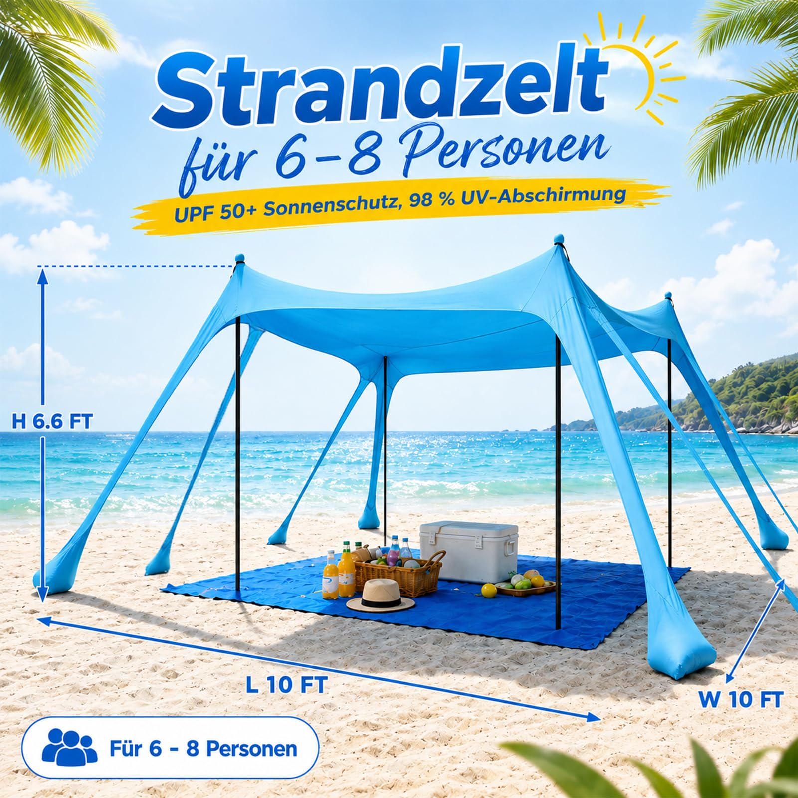 Tente de plage 3 x 3 m, protection solaire UPF50+ pour bébés et familles, montage en quelques secondes, 8 sacs de sable, maille respirante à 360°, cadre en aluminium stable, parfaite pour la plage, le