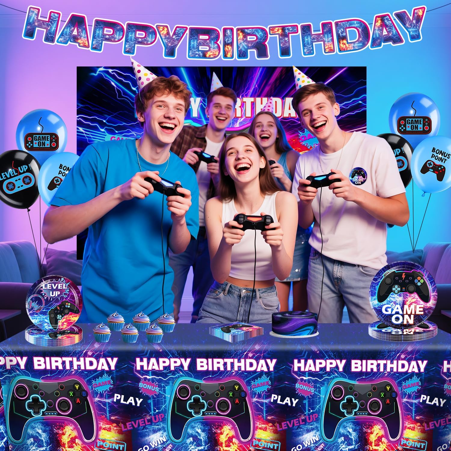 Cocomigo 116pcs Video Game Birthday Decorations for Boys, Gamer Birthday Party Decorations Include Video Game Backdrop Plates Balloons Gamer Banner for Gaming Party, Serves 25