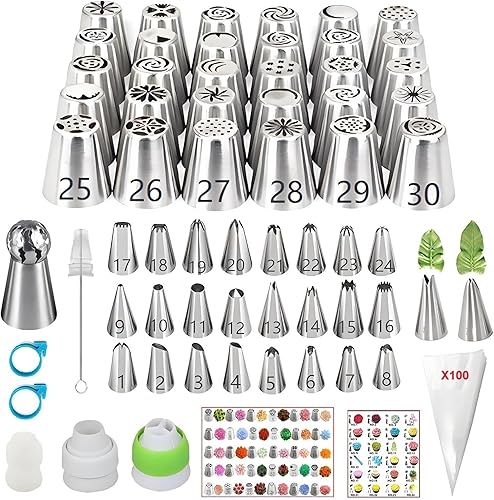 Juego de 166 puntas de tubería rusas, con 30 puntas rusas numeradas, 24 puntas de glaseado numeradas, tabla de patrones, 1 punta de bola, 2 puntas