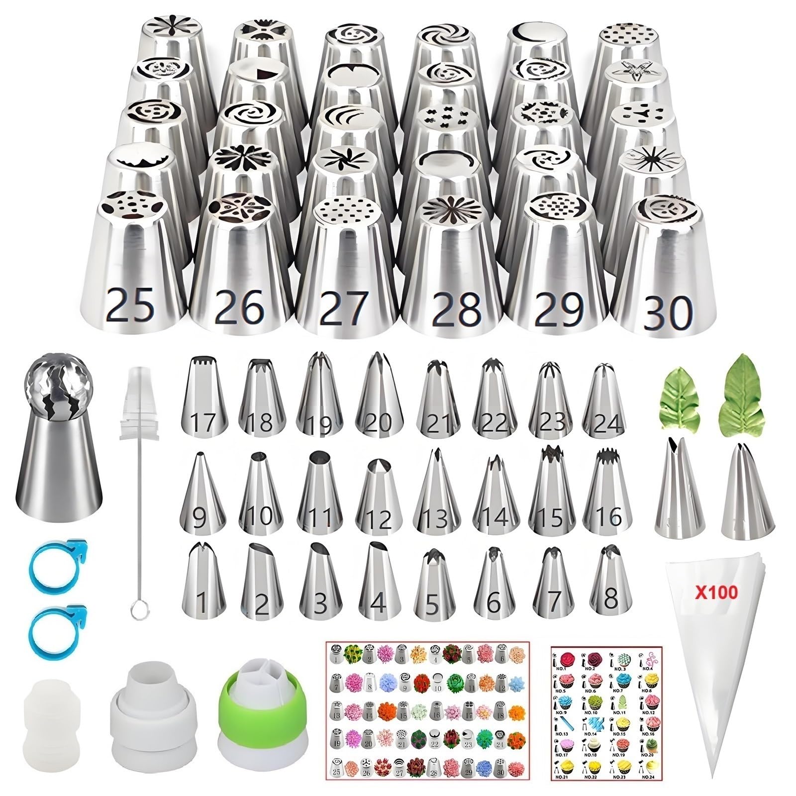 166 Pcs Russian Piping Tips Set, with 30 Numbered Russian Tips,24 Numbered Icing Tips,1 Ball Tip,2 Leaf Tips,Pattern Chart,3 Couplers,100 Pastry Bags & More for Cake Cupcake Decorating