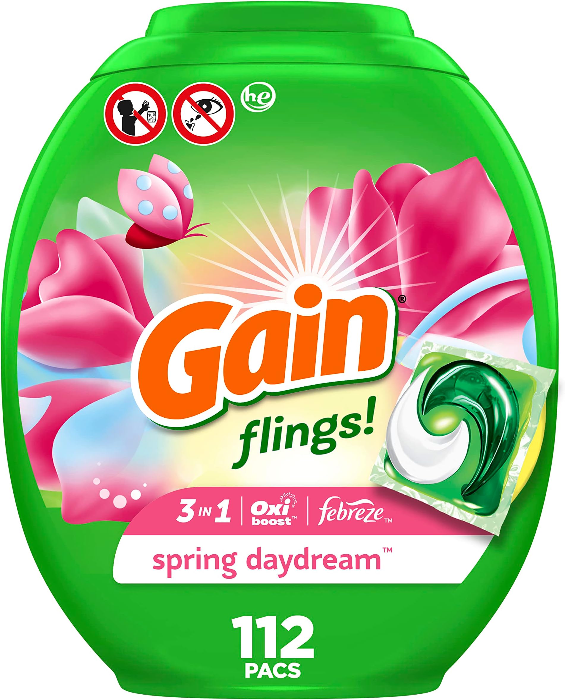 flings Laundry Detergent Soap Pacs HE Compatible 112 ct Long Lasting Scent Spring Daydream