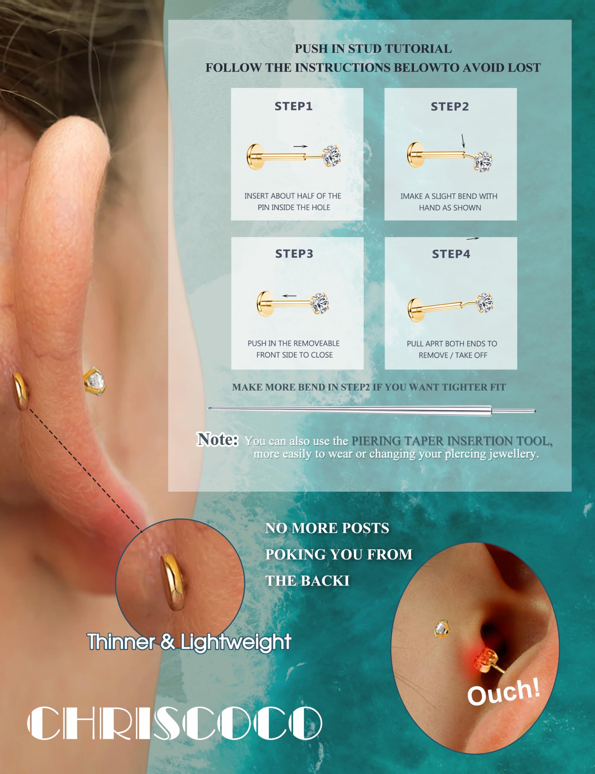 16G/18G/20G G23 Titan Labret Piercing Schmuck Labret Ohrstecker 2/3/4MM CZ Tragus Ohrstecker mit Flacher Rückseite Lippenpiercing Nasenstecker Lippensteg Helix Piercing Medusa Tragus Piercing Schmuck