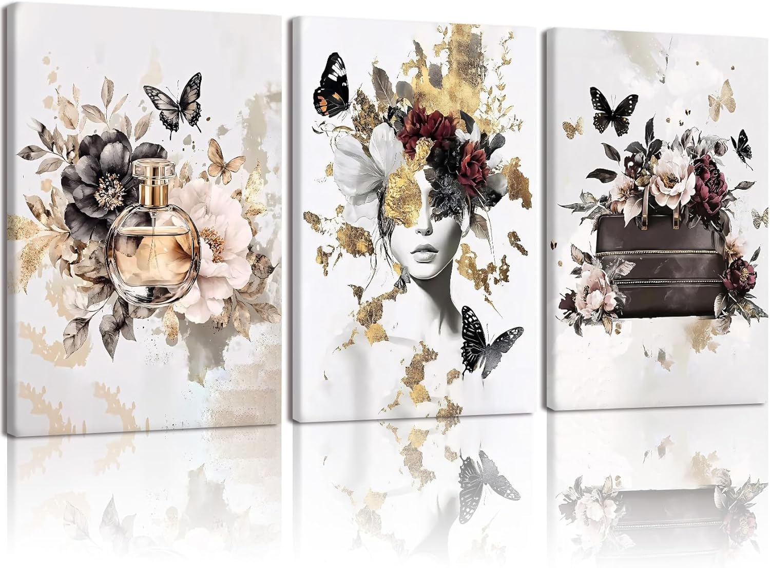 RUMSICH 3Pcs Stylish Girl Canvas Wall Art Black and White Floral Perfume Wall Decor Artwork Modern Trendy Women's Poster Print Suitable for Dresser Closet Makeup Bedroom Decoration 12×16 Inch Framing