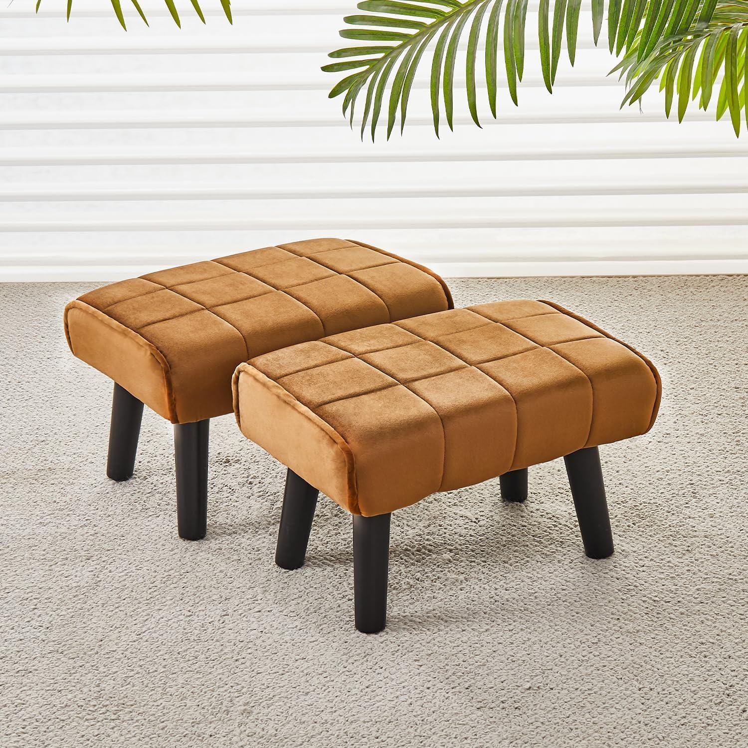 Small Foot Stool Ottoman Modern Accent Step Stool Seat Soft Padded Pouf Ottomans Sofa Footrest Stools for Couch Living Room Bedroom Entryway (Pack of 2, Brown 2)-image-32