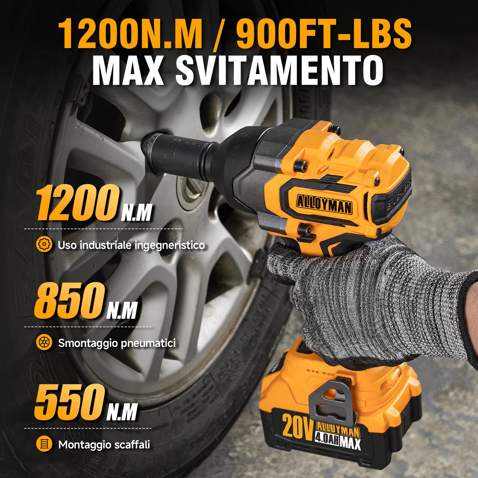 Alloyman Avvitatore a impulsi 20V MAX 1200 Nm, 1/2" con motore brushless, 2×4,0 Ah batterie, 2400 giri/min, velocità variabile per auto di famiglia/tosaerba