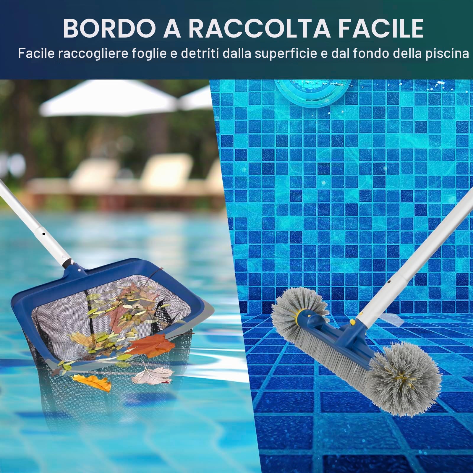 POOLAZA Set di pulizia per piscina, retino per piscina a maglia fine e spazzola per piscina con estremità rotonde per la pulizia, retino per piscina con struttura stabile e spazzola da 46 cm con