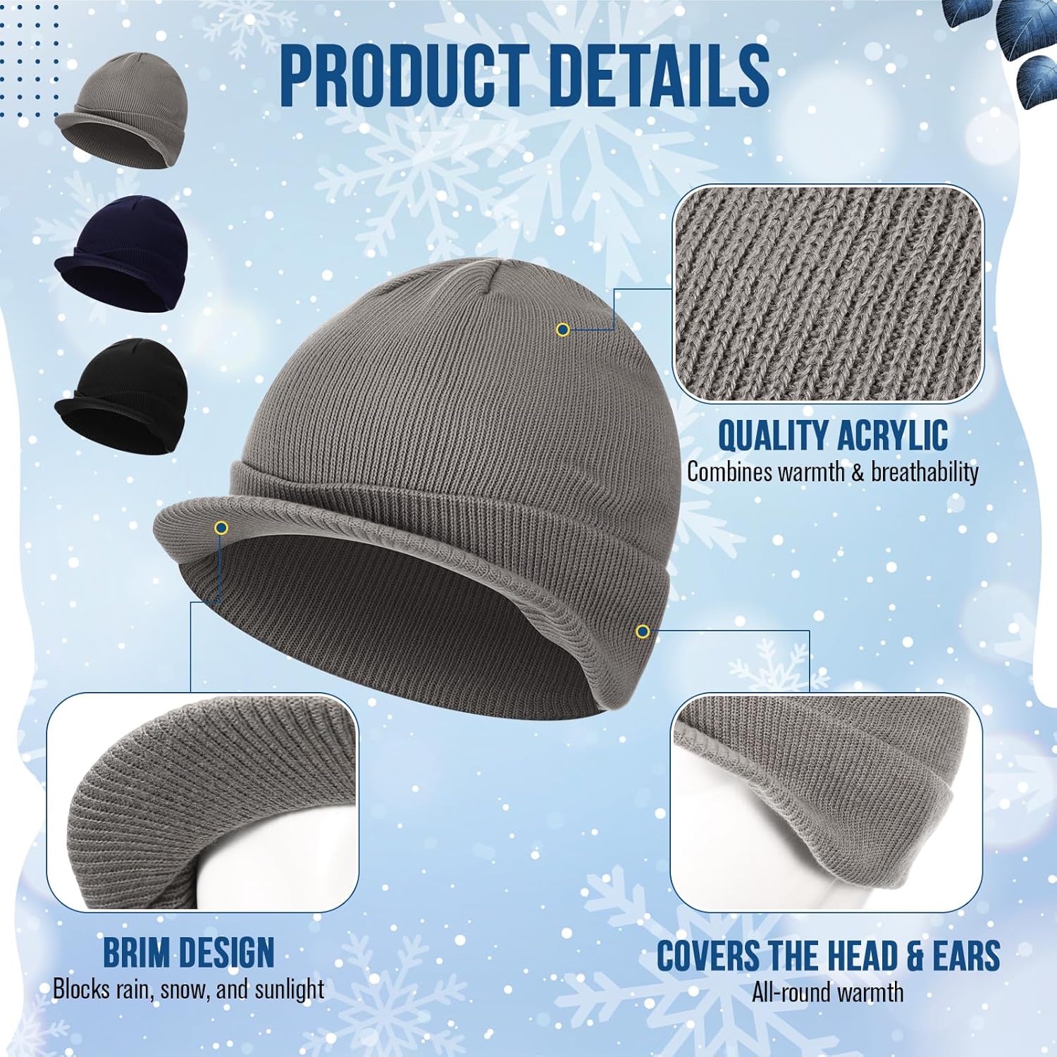 3 Pcs Winter Beanie Hat with Brim for Men Women Warm Double Knit Cuff Beanie Cap for Winter Outdoor Activities - Image 3