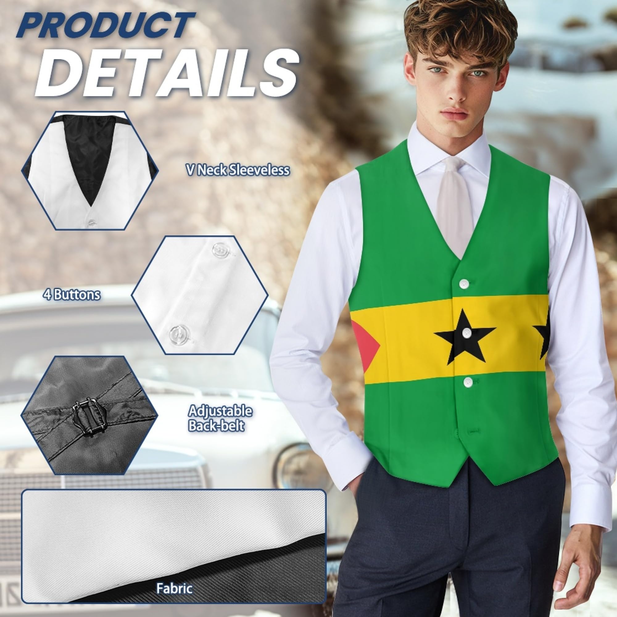 Chalecos De Traje Con Cuello En V Para Hombre Formal De Corte Entallado Chaleca De Vestir De Negocios Chaleco Clásico De Esmoquin Con Estampado De La Bandera De Santo Tomé Y Príncipe Para Fiesta