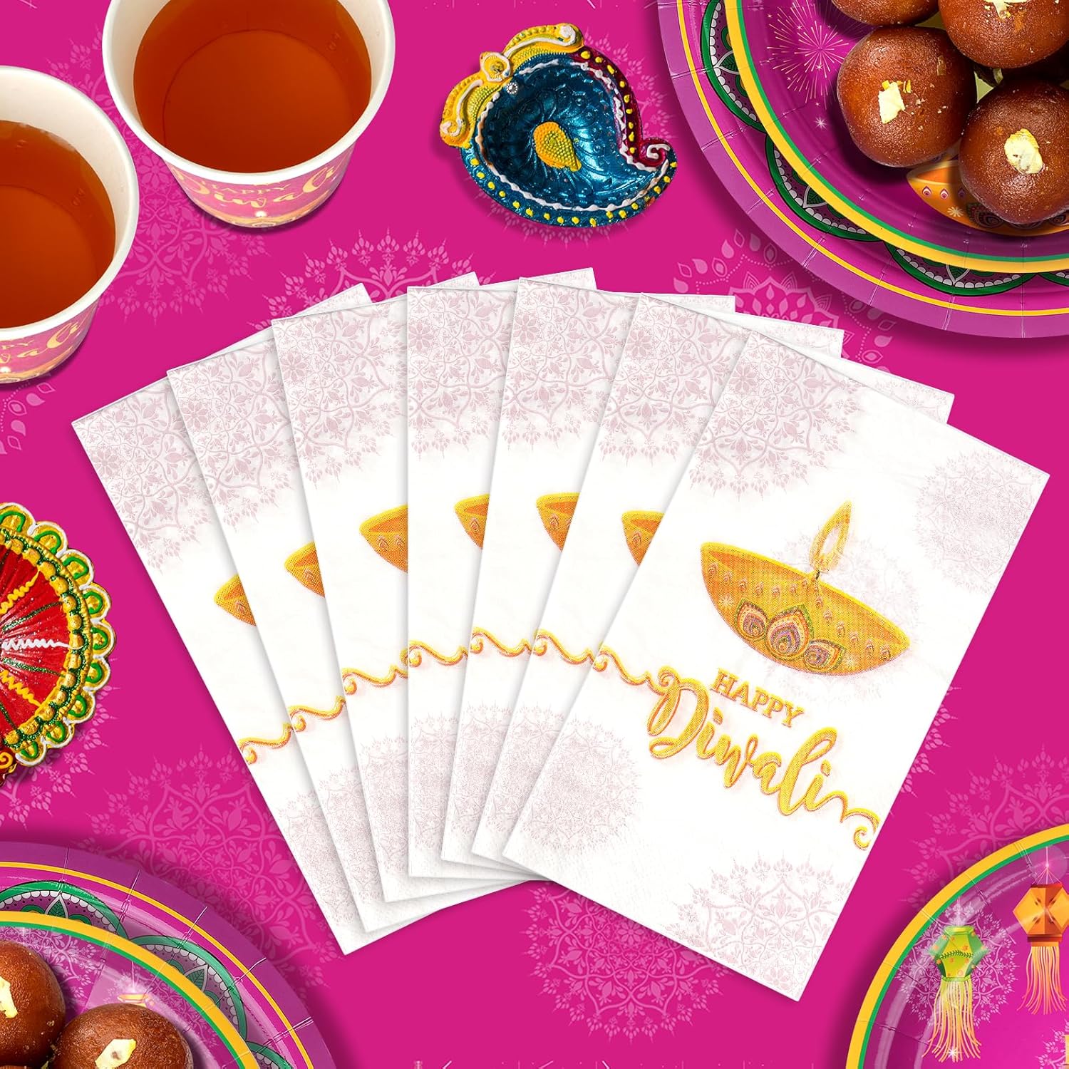100 Pcs Happy Diwali Paper Napkins Decorations & Happy Diwali Paper Plates and Napkins