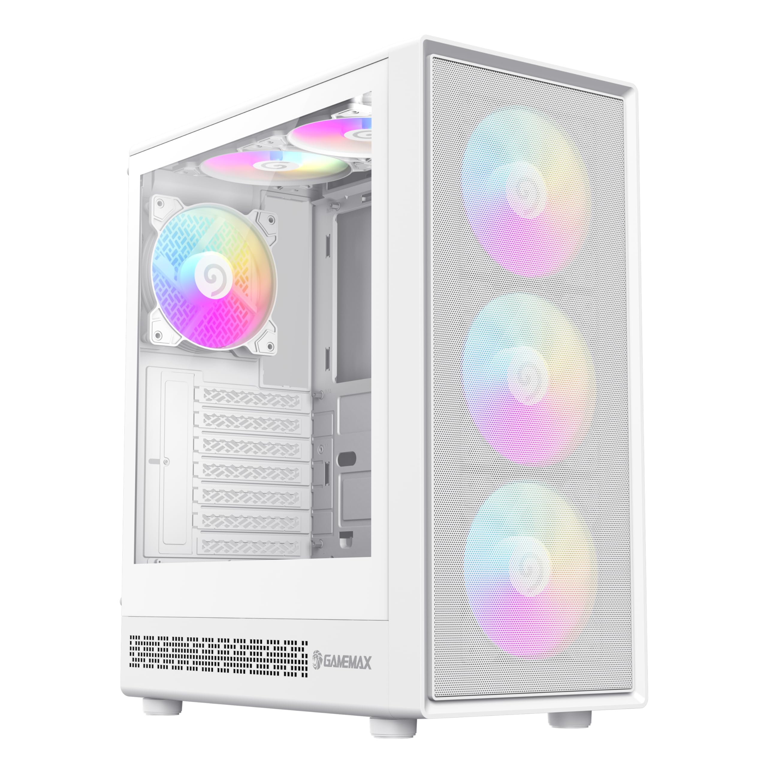 GAMEMAX Storm 2 White ATX Midi Tower PC Case 6X ARGB 360mm | 6 ventole ARGB, raffreddamento ad acqua da 360 mm, alloggiamento in rete ATX bianco con vetro
